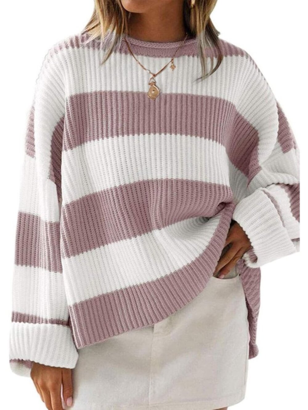Women's Pink Fall Winter Oversized Striped Knit Fashion Long Sleeve Sweaters
